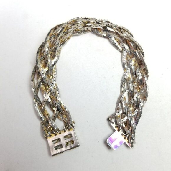 Vintage Braided Woven Silver Tone Chain Bangle Bracelet, Tab Clasp, Retro Estate - Picture 4 of 7